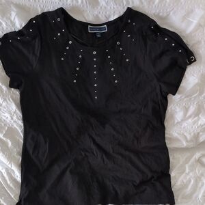 Karen Scott Black Silver Embellished Puff Sleeve Tee